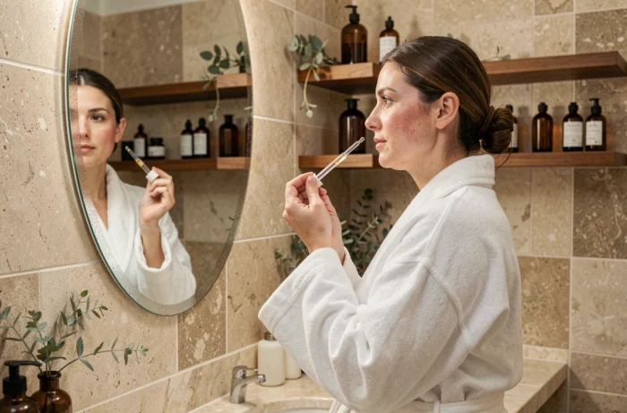 Femme appliquant un sérum sur sa peau devant un miroir de salle de bain en marbre, dans le cadre d'une routine beauté quotidienne