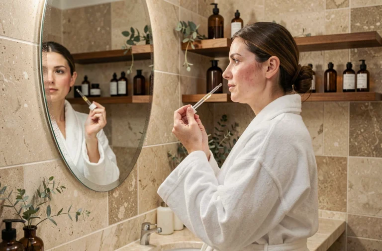 Femme appliquant un sérum sur sa peau devant un miroir de salle de bain en marbre, dans le cadre d'une routine beauté quotidienne