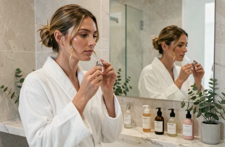 Femme appliquant un sérum visage dans une salle de bain minimaliste en marbre, routine beauté quotidienne
