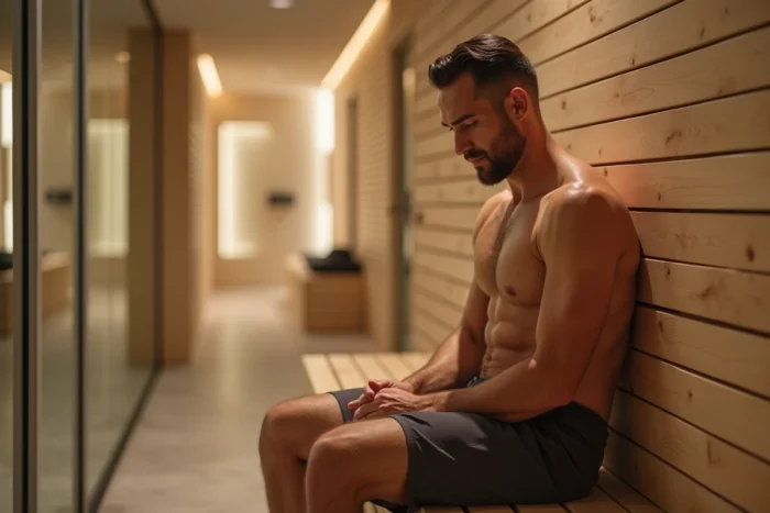 Homme en récupération dans un sauna moderne en bois de bouleau avec paroi en verre dans un spa contemporain