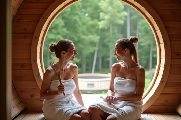 Deux femmes profitant ensemble d'une séance de sauna en tonneau extérieur en bois avec vue sur une forêt verdoyante