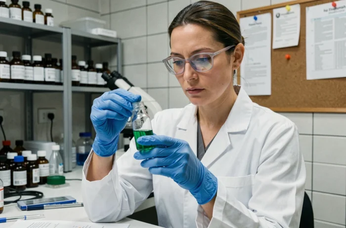 Scientifique analysant un échantillon de glyphosate en laboratoire dans le cadre d'une étude sur les dangers du Roundup