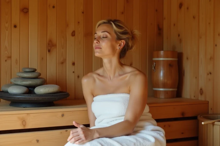 Femme détendue en séance de sauna finlandais traditionnel, assise sur un banc en bois de cèdre avec une serviette blanche