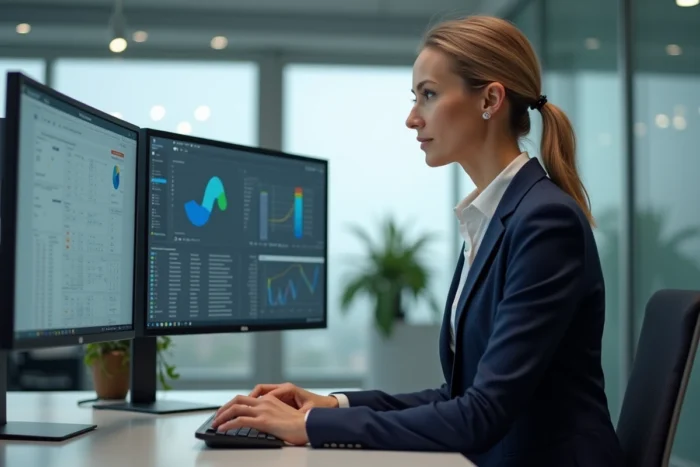Professionnelle en entreprise utilisant des logiciels de performance informatique sur des écrans multiples dans un bureau moderne