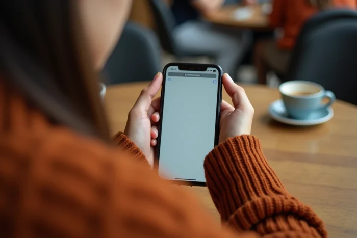 Mains tenant un smartphone affichant la nouvelle adresse du site 1jour1film dans un café cosy, juillet 2026