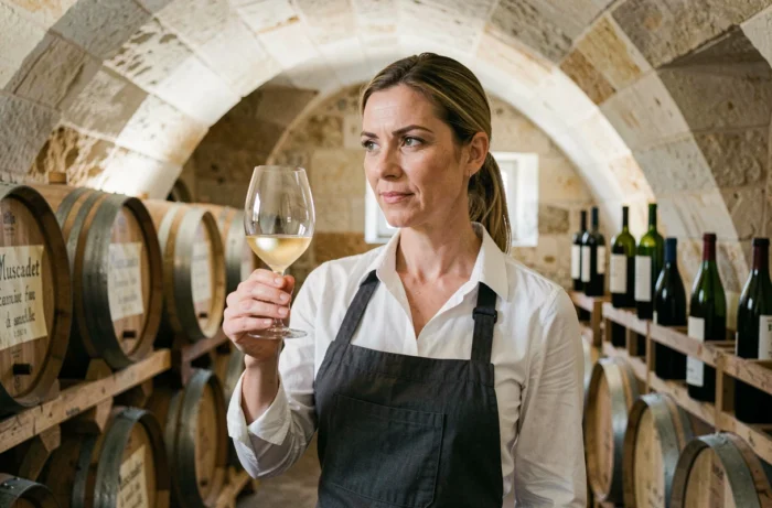 Sommelière inspectant un verre de Muscadet dans une cave voûtée en tuffeau de la Loire