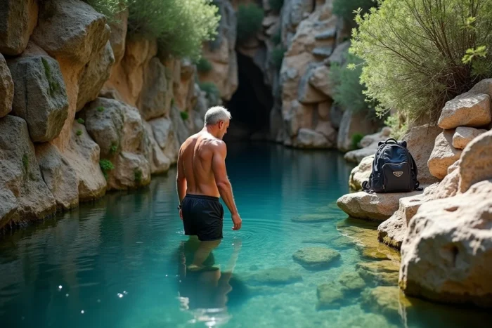 Homme découvrant une source naturelle secrète dans la garrigue près de Nîmes, spot de baignade caché entouré de rochers et de végétation méditerranéenne