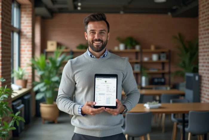 Syndic professionnel consultant une interface de gestion d'immeuble sur tablette dans un espace de travail moderne