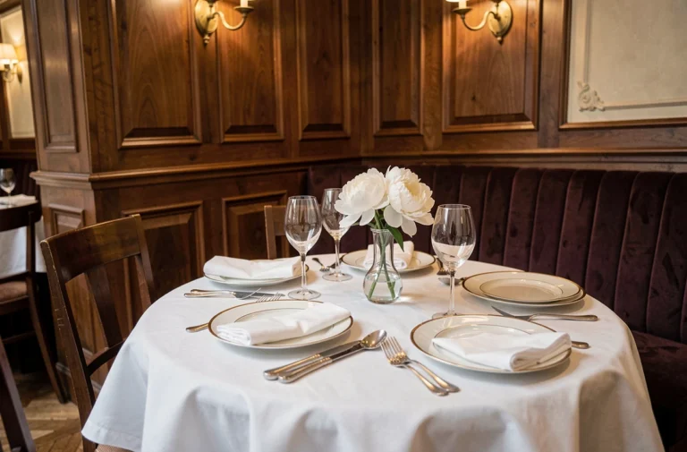 Table dressée avec élégance dans un restaurant parisien raffiné pour une grande occasion, avec vaisselle en porcelaine, couverts en argent et verres en cristal