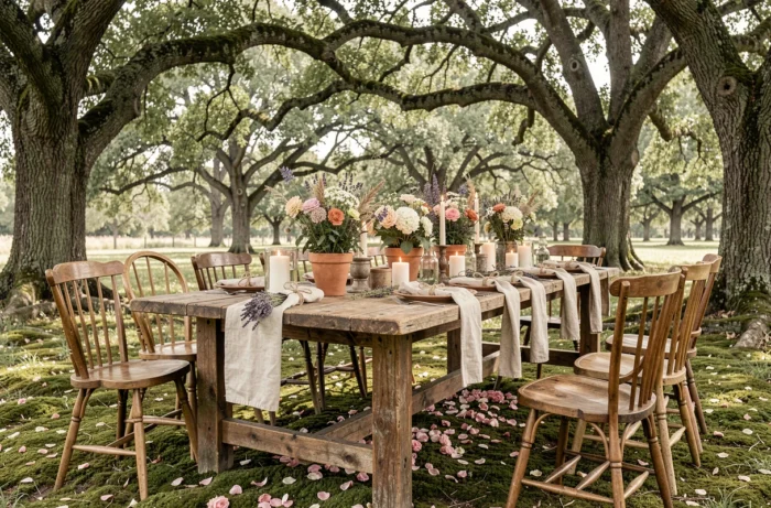 Table de réception de mariage champêtre en bois brut décorée de fleurs sauvages et de bougies sous des chênes centenaires en plein air