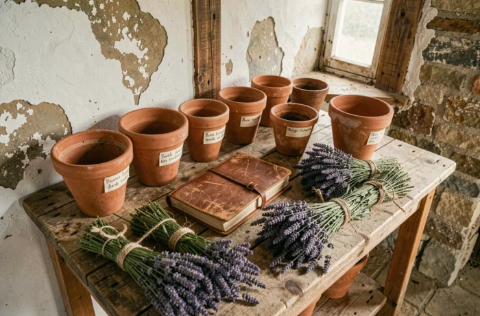 Table de rempotage en bois rustique avec pots en terre cuite, lavande fraîche et carnet botanique dans un jardin d'exception