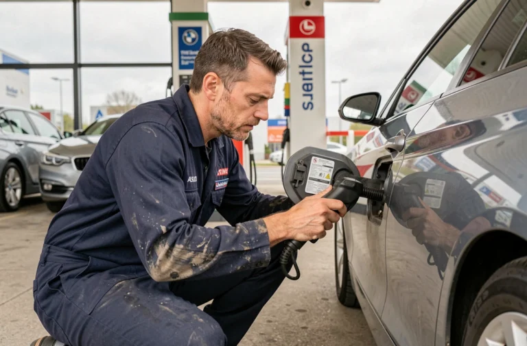 Technicien automobile inspectant le bouchon de carburant d'une BMW à la station-service pour vérifier la compatibilité avec le carburant E25