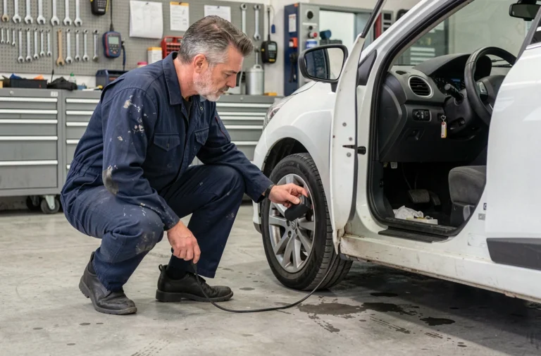 Technicien automobile connectant un scanner OBD2 sur une Renault Clio pour diagnostiquer l'anomalie DTC038061