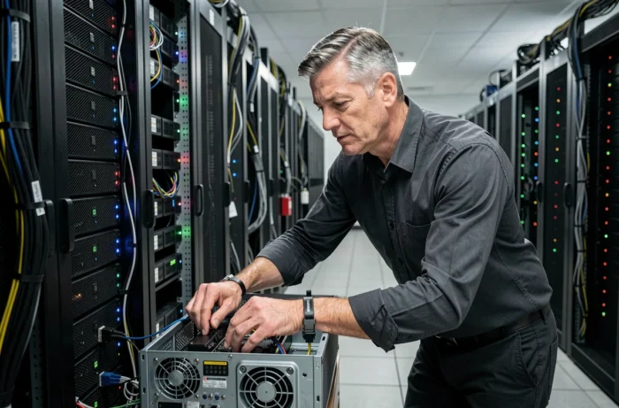 Technicien informatique effectuant la maintenance de serveurs dans un centre de données sécurisé pour protéger l'infrastructure d'entreprise