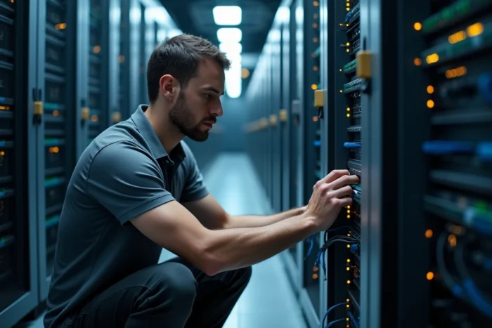 Technicien informatique installant des câbles dans une salle de serveurs professionnelle pour optimiser l'infrastructure numérique d'une entreprise