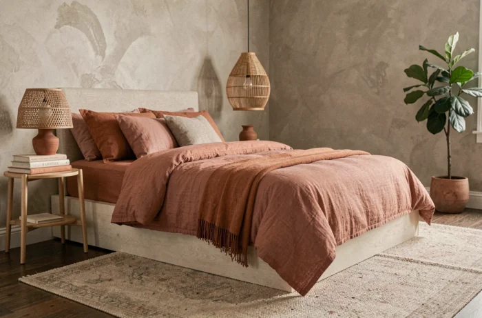 Chambre contemporaine tendance avec literie en lin terracotta, mur en chaux et lampe artisanale en argile pour une déco cosy