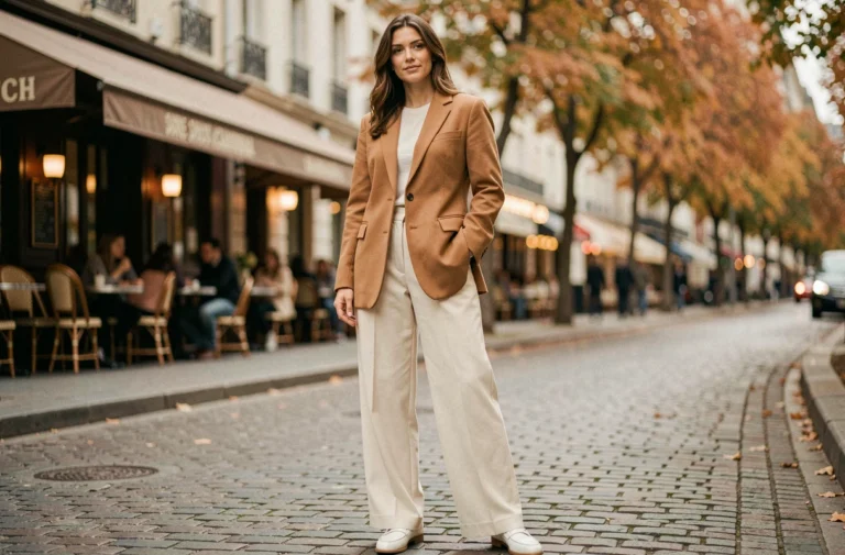 Femme élégante portant un blazer oversize camel et un pantalon large crème dans une rue pavée parisienne en automne, tendances mode saison