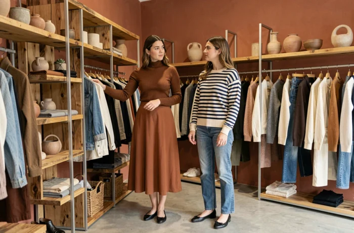 Deux femmes élégantes faisant du shopping dans une boutique concept store aux tons chaleureux, découvrant les tendances mode de la saison automne-hiver