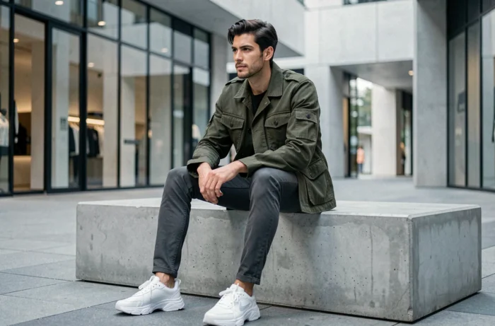Homme tendance en veste utility vert forêt et chino charbon assis dans un quartier commerçant moderne, style mode masculin automne-hiver
