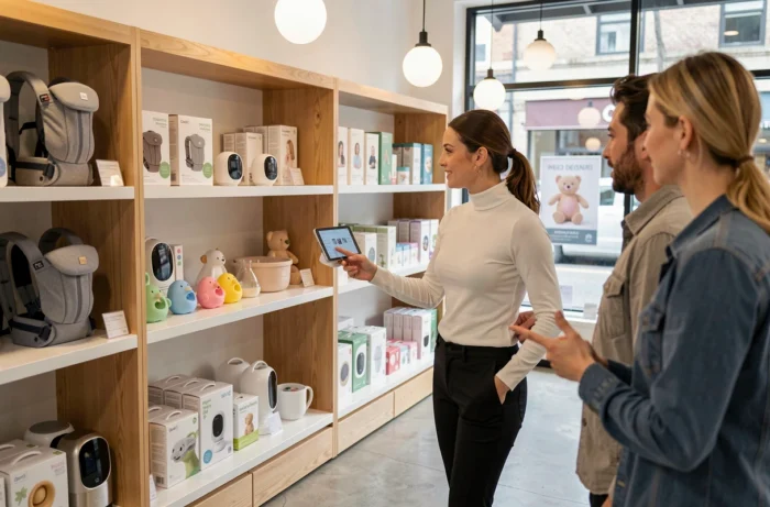 Intérieur de boutique de puériculture moderne avec produits innovants pour bébé et conseillère spécialisée