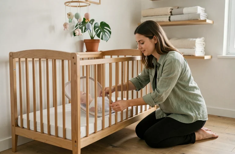 Jeune mère aménageant un lit bébé moderne en bois dans une chambre de bébé minimaliste et épurée