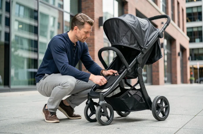 Père assemblant une poussette moderne et modulable sur un trottoir urbain contemporain