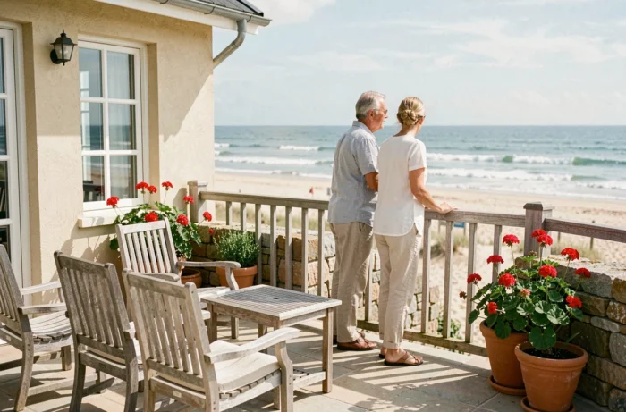 Terrasse de maison vendéenne en bord de mer avec vue sur l'océan Atlantique et couple profitant du panorama