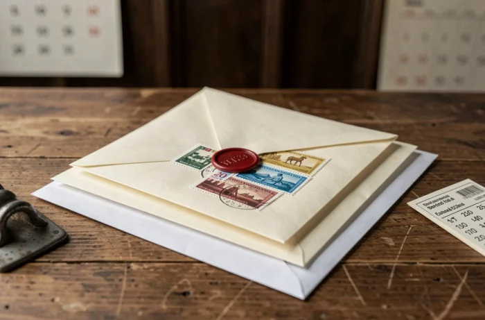 Timbres postaux et tarifs d'affranchissement sur des enveloppes empilées pour 2026