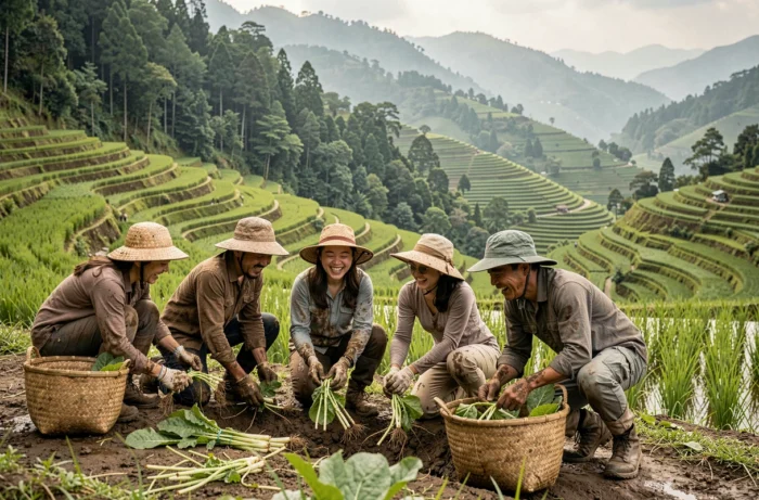 Groupe de voyageurs participant à la récolte agricole dans des rizières en terrasses en Asie du Sud-Est, dans le cadre d'un tourisme responsable et participatif