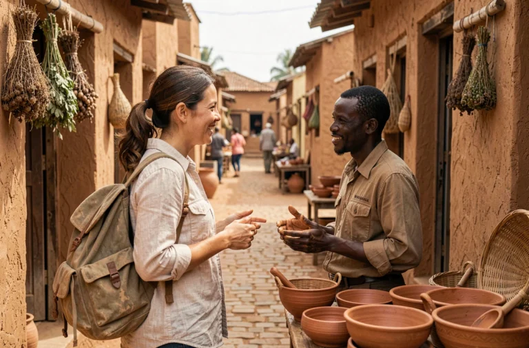 Voyageuse en conversation avec un artisan potier dans un village artisanal africain, illustrant le tourisme solidaire et les échanges culturels authentiques