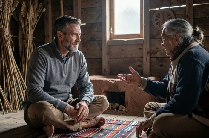 Voyageur écoutant un ancien autochtone dans un lodge traditionnel des Andes, symbolisant le respect des cultures locales dans le tourisme solidaire