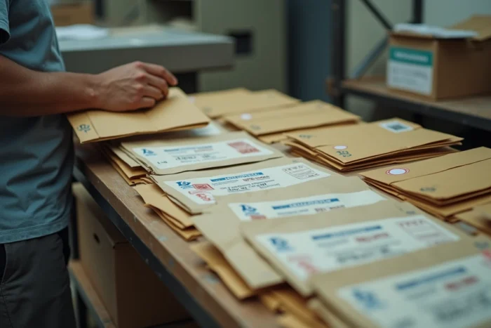 Tri de courrier avec codes postaux mauriciens visibles sur des enveloppes dans un centre postal de l'île Maurice