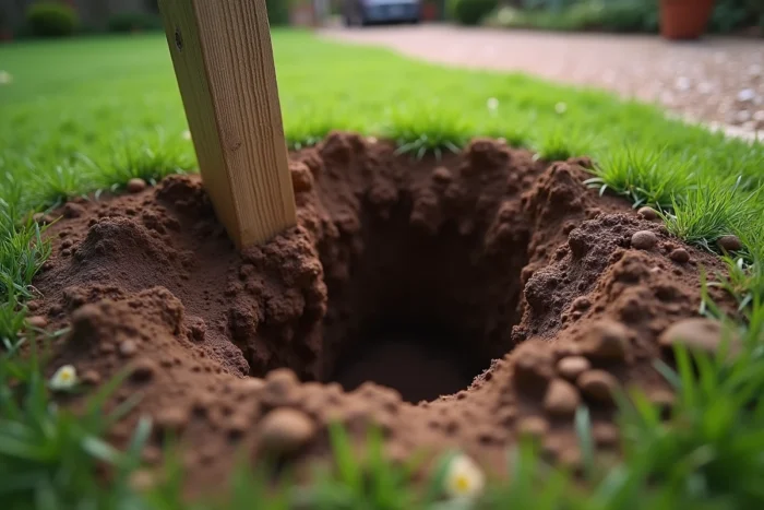 Trou cylindrique parfait creusé dans la terre pour l'installation d'un poteau de clôture en bois