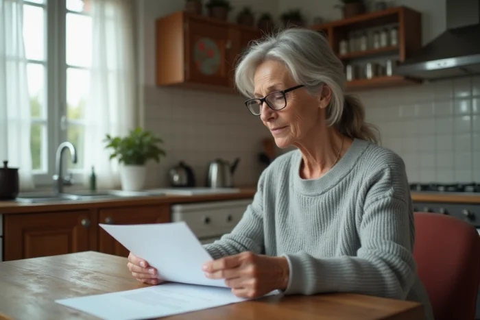 Femme vérifiant un courrier officiel reçu à son domicile, comparant une lettre administrative avec une enveloppe