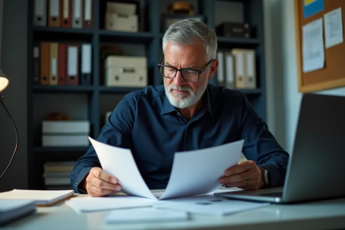 Homme vérifiant l'authenticité d'un document officiel à son bureau, comparant une lettre avec des informations en ligne