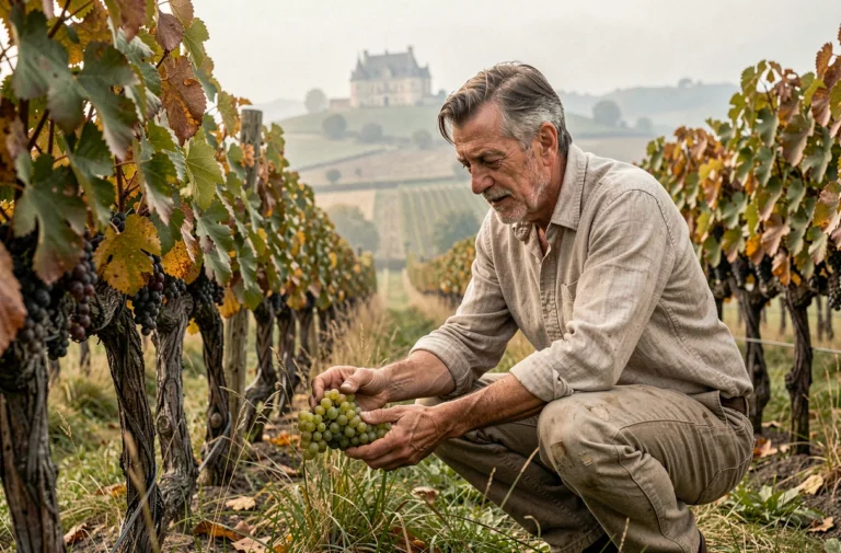 Vigneron expérimenté examinant des raisins Chenin Blanc dans un vignoble de la Loire avec un château en arrière-plan