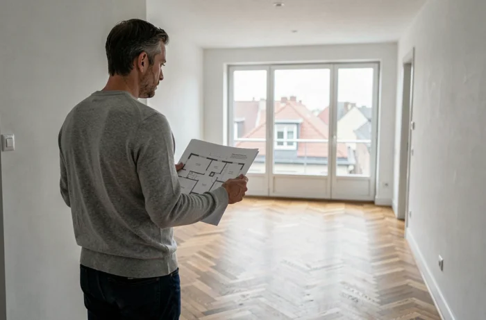 Homme visitant un appartement vide grâce à une agence immobilière spécialisée en location
