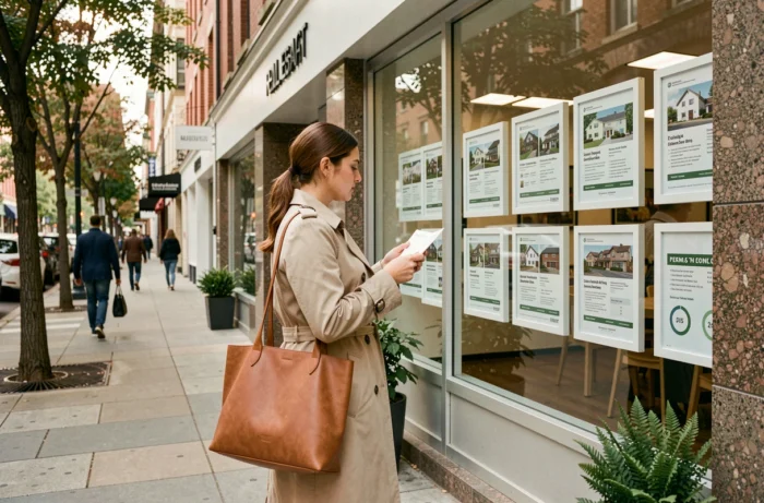 Jeune femme consultant les annonces de location dans la vitrine d'une agence immobilière en ville