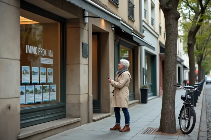 Vitrine d'une agence immobilière de proximité dans une rue résidentielle française avec passante intéressée