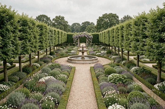 Vue panoramique d'un grand jardin ornemental à la française avec allées de tilleuls, fontaine en pierre et pergola couverte de glycine