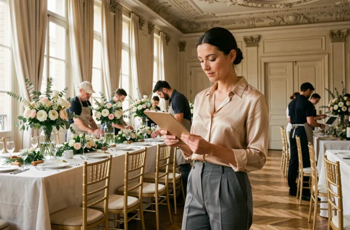 Coordinatrice de mariage professionnelle vérifiant sa liste de contrôle dans une salle de réception parisienne élégante
