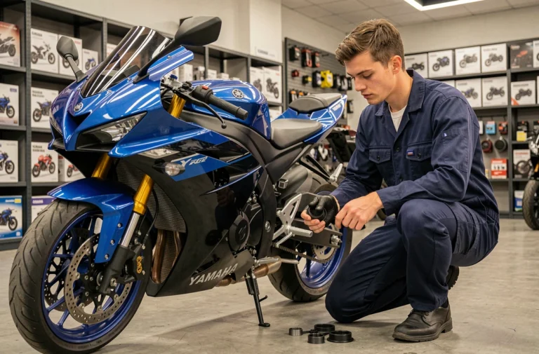 Mécanicien examinant un kit de bridage pour Yamaha R6 dans une concession moto agréée