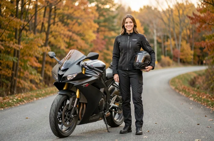 Jeune femme titulaire du permis A2 posant avec une Yamaha R6 bridée sur une route de campagne